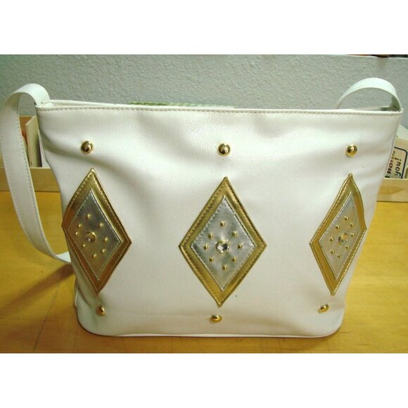 Retro Silver Gold Diamond Design White Crossbody Bag Faux Leather Granny Core - Picture 4 of 13